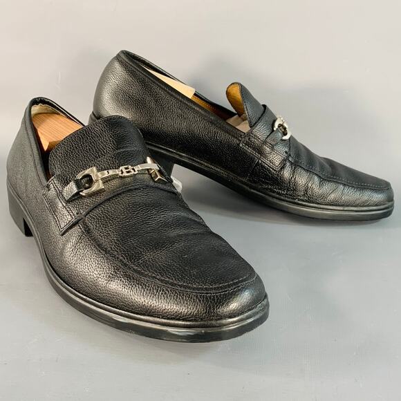 BALLY Size 12 Cadore Black Silver Tone Pebble Grain Leather Horsebit Loafers - Picture 1 of 8